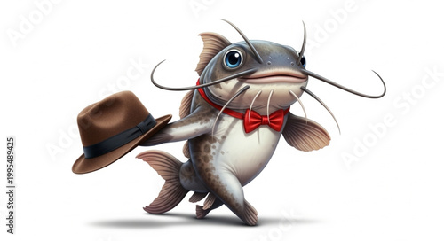 Cartoon catfish wearing red bowtie hat.