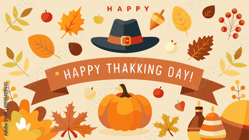 Happy thanksgiving day pumpkin and autumn leaves celebration