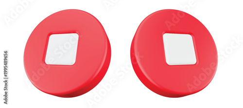 3D red stop button icon symbol, often used for TV, video, or live stream controls. 