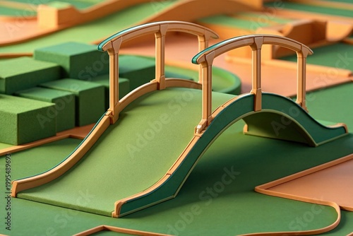 Mini golf bridge rail over a stylized putting course landscape