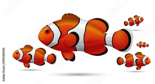 Clownfish with small orange fish swimming.