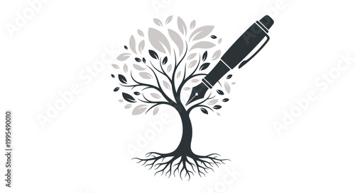 Creative Writing Tree with Fountain Pen and Leaves, Symbolizing Growth and Ideas