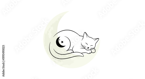 Cute White Cat Sleeping on Crescent Moon with Star Symbol