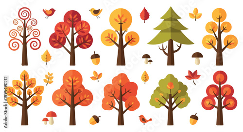 Autumn forest vector set, flat style fall trees with orange leaves, seasonal woodland collection with birds and mushrooms for nature design