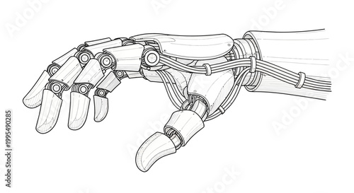Detailed Sketch of a Robotic Hand with Wires