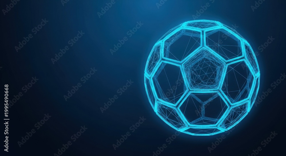 Naklejka premium Glowing Neon Wireframe Soccer Ball Design on Digital Futuristic Blue Background
