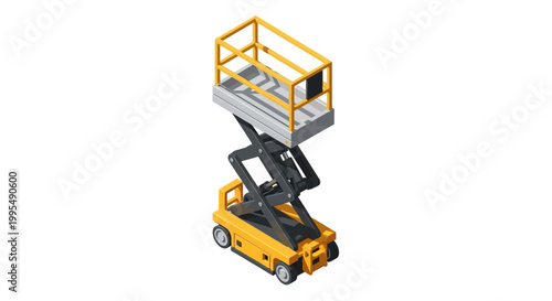 Isometric 3D illustration of a yellow scissor lift, an elevated work platform used for construction, industrial maintenance, and facility management tasks on a clear background