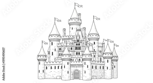 Fantasy Castle Drawing Outline - Fairytale Medieval Fortress Sketch
