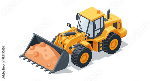 Isometric illustration of a heavy yellow front-end loader with a full bucket of sand, depicting construction machinery for industrial earthmoving