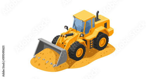 Heavy-duty yellow front-end loader pushing a pile of sand in a construction or excavation site, isometric view illustration