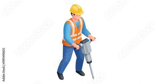 Construction worker operating a jackhammer in isometric view, illustrating urban development and manual labor