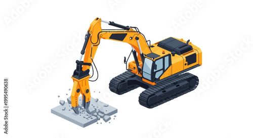 Demolition excavator with hydraulic hammer attachment breaking concrete pavement in isometric view