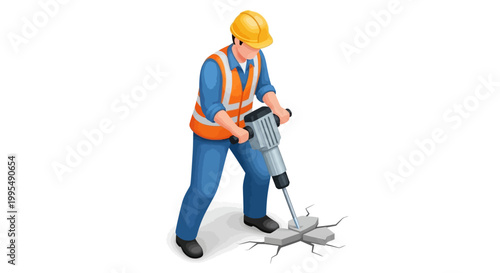 Construction worker operating a jackhammer to break up concrete pavement, illustrating demolition and heavy equipment use in urban development projects