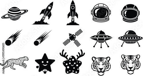 Comprehensive collection of black vector icons featuring space exploration elements like rockets and planets alongside wild animals like tigers and cheetahs