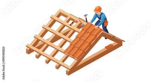 Construction worker installing terracotta roof tiles on a wooden roof frame, building a house structure
