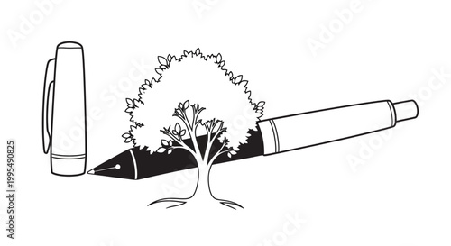 Fountain pen with a tree growing from its nib, symbolizing creativity and growth