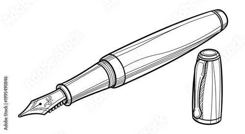 Fountain Pen, Classic Writing Instrument, Nib Detail, Cap Off, Hand Drawn Illustration