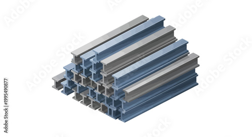 A neatly arranged stack of heavy-duty metal I-beams, vital elements for modern construction and robust engineering frameworks, presented against a clean white background