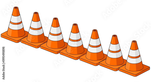 A row of seven bright orange traffic cones with white reflective stripes, neatly arranged on a white background, creating a sense of order and safety