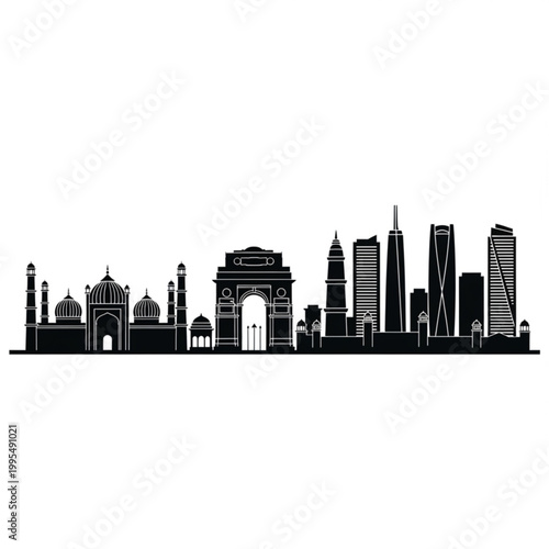 A black and white vector graphic illustration of the New Delhi skyline, featuring iconic landmarks and modern skyscrapers