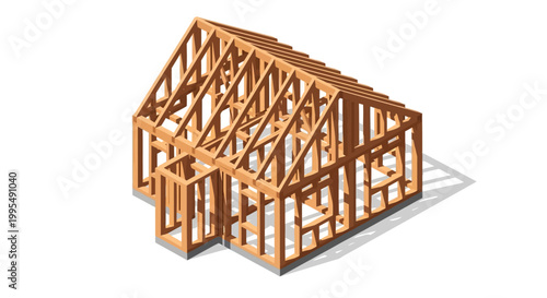 Building construction of a residential house frame made of wooden beams, showing roof trusses and wall structures for architectural design