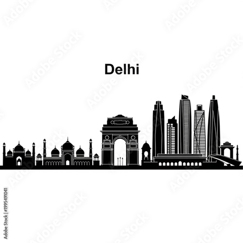 A black and white vector graphic illustration of the Delhi city skyline featuring iconic landmarks