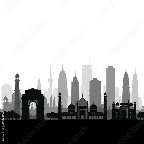 A black and gray vector graphic illustration of the New Delhi city skyline with famous landmarks in India