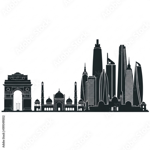 A black and white vector graphic illustration of the New Delhi skyline, featuring iconic landmarks and modern skyscrapers in a flat, minimalist design