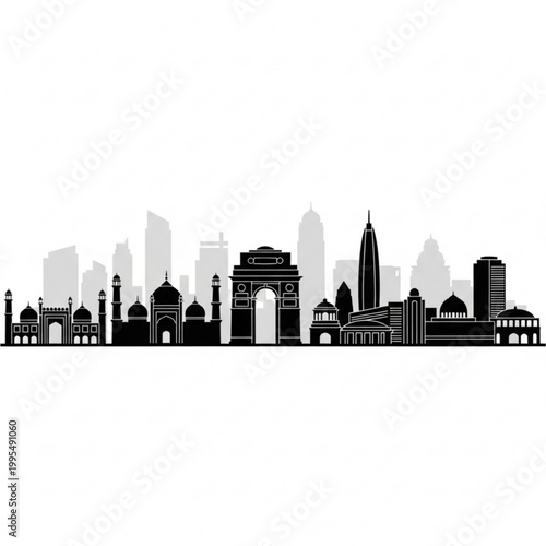A black and white vector graphic illustration of the New Delhi city skyline, featuring iconic landmarks like the India Gate and modern skyscrapers.