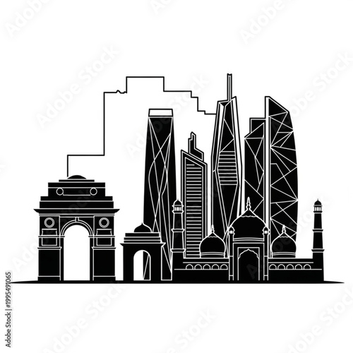 A black and white vector graphic illustration of the New Delhi city skyline, featuring iconic landmarks like India Gate and modern skyscrapers.