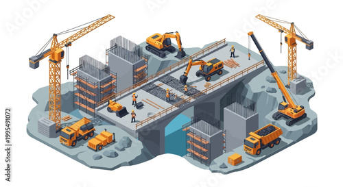 Isometric illustration of a comprehensive urban construction project. Workers and heavy machinery are actively building a new bridge and developing interconnected city infrastructure