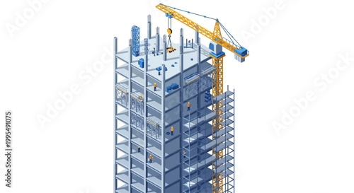 Modern high-rise building under active construction, featuring a prominent yellow crane overseeing urban development and architectural progress in a dynamic city environment