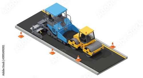 Road construction and paving machinery, featuring an asphalt paver and a steamroller compacting a newly laid road surface, with traffic cones indicating a work zone