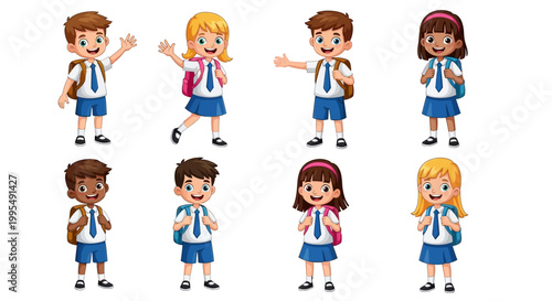 Group of happy elementary school children wearing uniforms and carrying backpacks