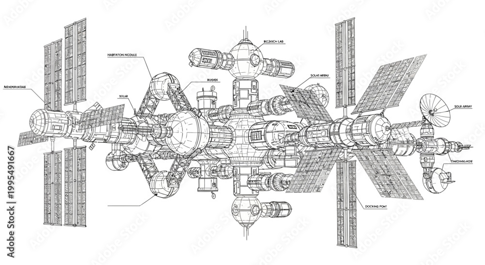 Fototapeta premium Futuristic Space Station Blueprint - Wireframe Design with Solar Panels