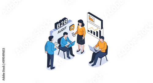 Business professionals collaborating during a B2B audit presentation, analyzing data.