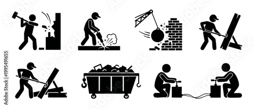 Demolition and Construction Work Icon Set: Workers Using Jackhammers, Sledgehammers, Crowbars, and Detonators for Building Destruction, Wrecking Ball Operations, and Debris Removal Tasks in Profession