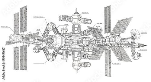 Futuristic Space Station Blueprint - Wireframe Design with Solar Panels