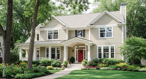 Charming Suburban House with Red Door and Landscaped Garden