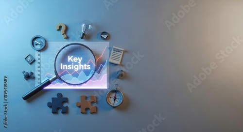 Key insights concept with flat and clock on blue background, flat clock