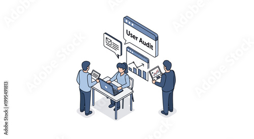 Isometric illustration of business team auditing user data and analytics.
