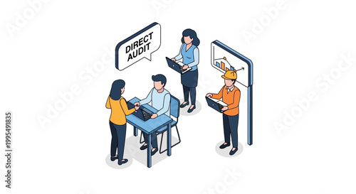 Isometric Illustration of Direct Audit Process with Team Members.