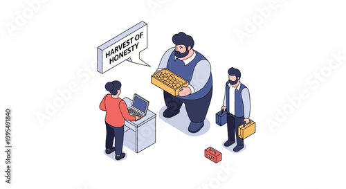 Isometric illustration of business people discussing harvest of honesty concept.