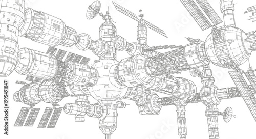 Futuristic Space Station Blueprint Line Art