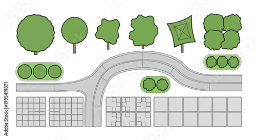 Landscape architecture plan symbols, flat vector garden design elements, overhead view trees and shrubs, architectural site mapping icons