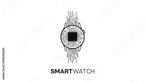 Innovative logo for a smartwatch company featuring a watch face made of complex digital circuit lines and a chip.