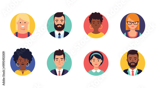 Set of eight diverse character avatars representing different ethnicities and genders in colorful circular portraits.