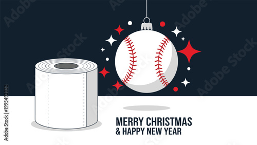 Festive illustration featuring a baseball ornament hanging above a roll of white toilet paper with holiday text.