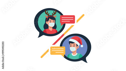 Two people wearing face masks and christmas accessories in separate speech bubbles communicating together online.