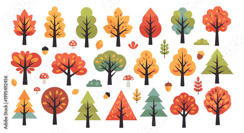 Autumn forest tree collection, flat vector set of 20 fall foliage icons, colorful seasonal woodland elements with mushrooms and acorns for nature design